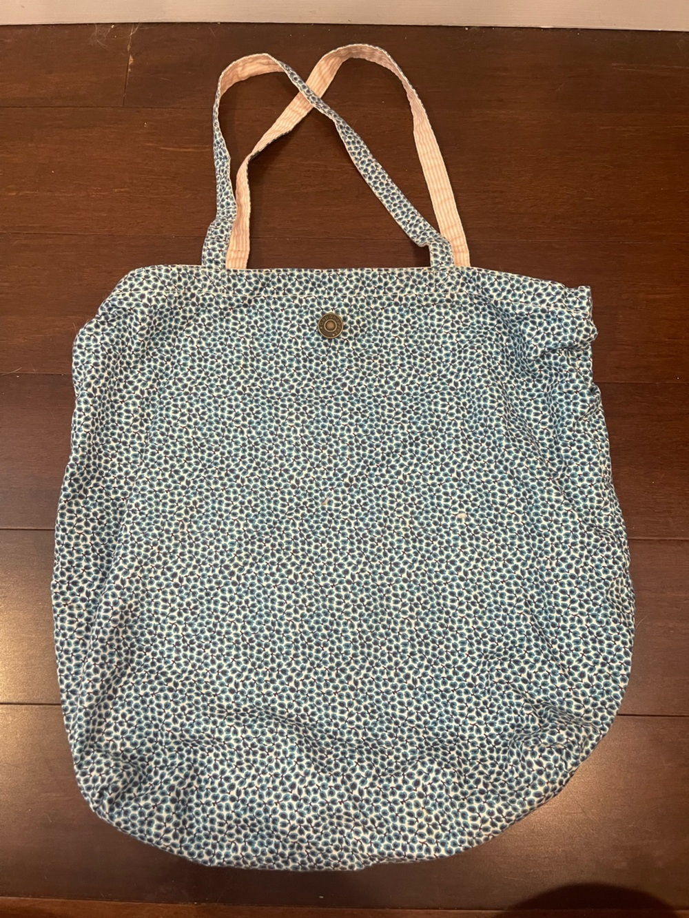 gap reversible blue floral/ pink and white stripe cotton tote